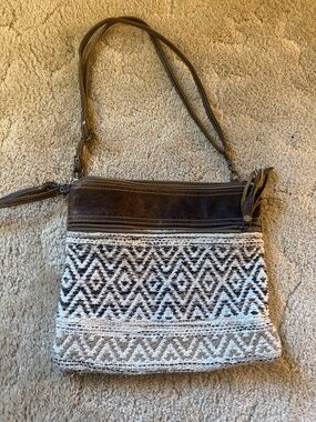 Myra Bag Brown and Cream Woven Crossbody with Leather Trim